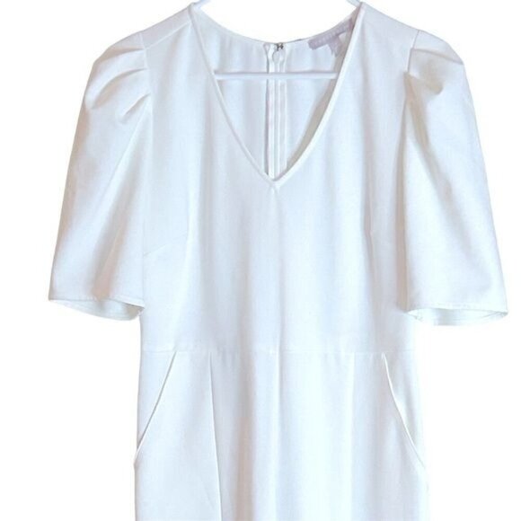 Chelsea 28 Puff Sleeve Jumpsuit Split Hem Pockets V Neck Ivory Cloud Size Small - Picture 6 of 9